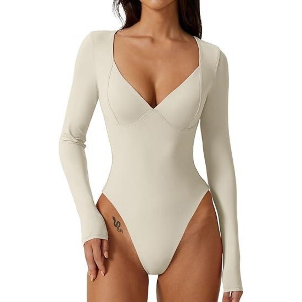 MSRP $38 QINSEN Women's S Splashed White Long Sleeve Bodysuit V Neck Body Suits